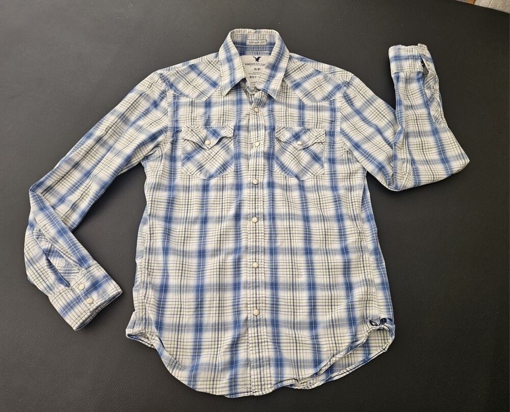 American Eagle Adult Small Beige & Blue Plaid Vintage Fit Snap Button Mens